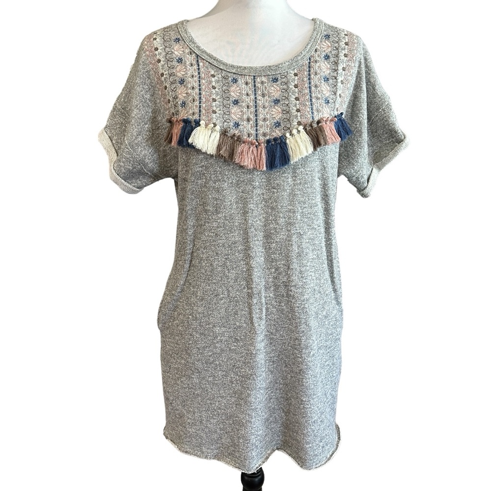 Ellison‎ Heather Gray Sweatshirt Shift Dress Embroidered Tassel Detail Raw Hem